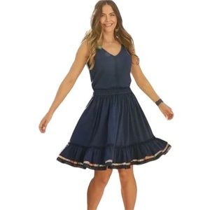 MATILDA JANE SWING TIME DRESS V-NECK NAVY RUFFLE HEM SIZE LARGE